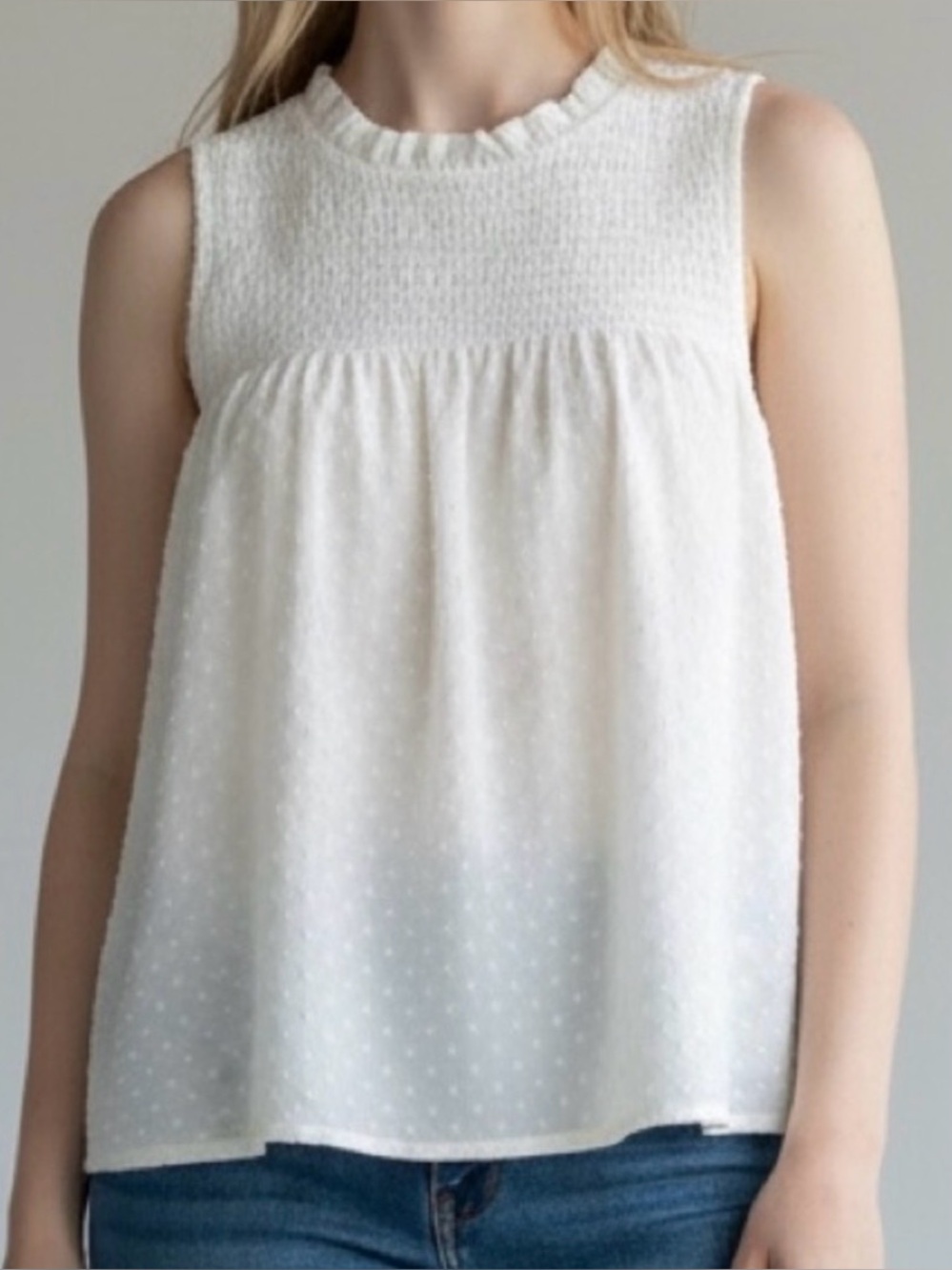 J. Crew Factory Cream Swiss Dot Smocked Yoke Sleeveless Camisole